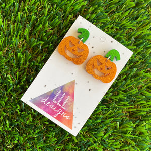 Pumpkin Earrings - Jack O Lantern Earrings - Glitter Orange Acrylic Jack O Lantern Dangles featuring Glitter Green Stem Tops. (Small)