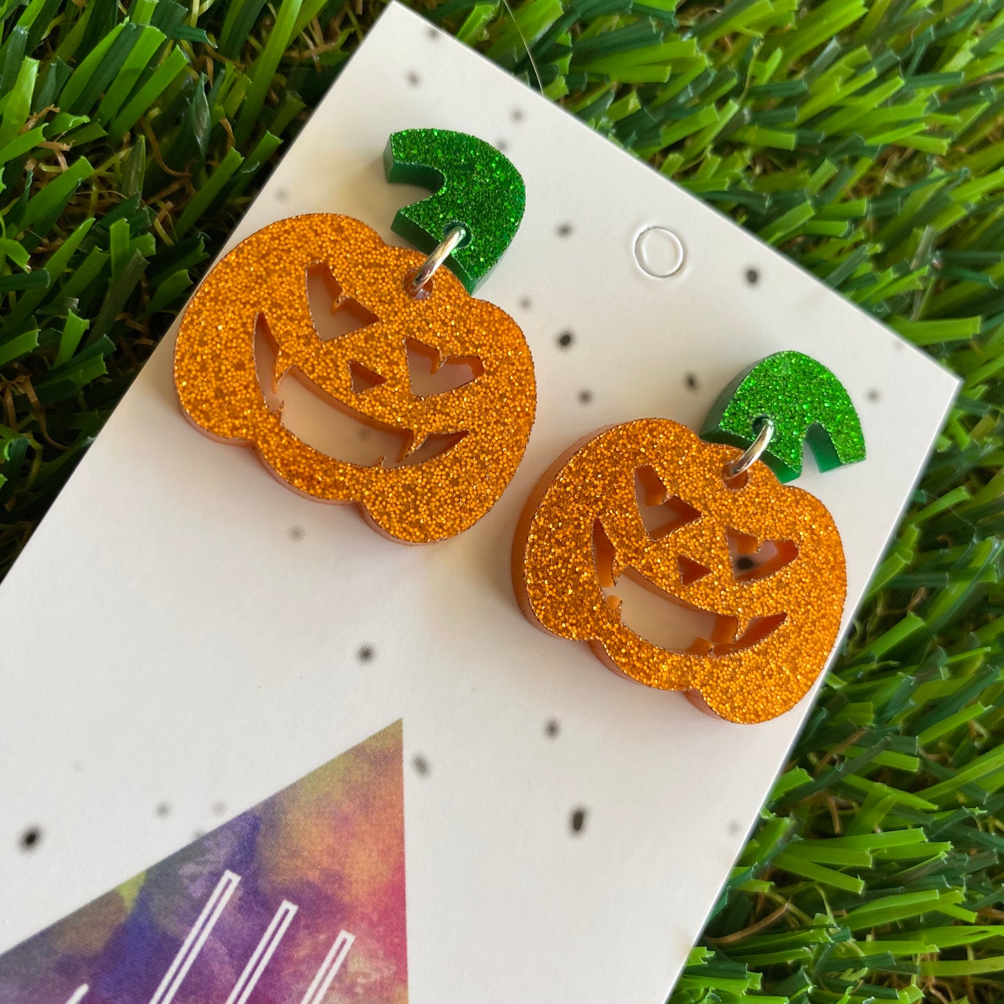 Pumpkin Earrings - Jack O Lantern Earrings - Glitter Orange Acrylic Jack O Lantern Dangles featuring Glitter Green Stem Tops. (Small)