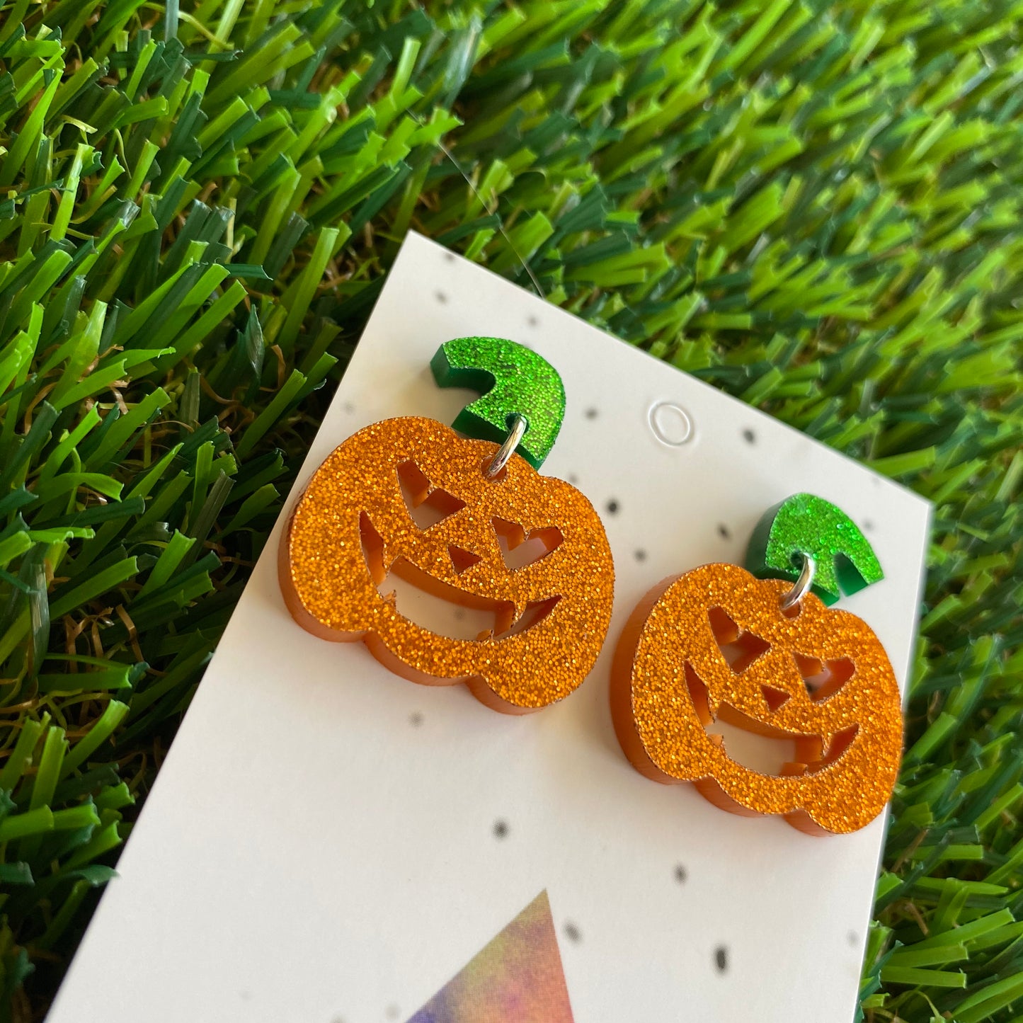Pumpkin Earrings - Jack O Lantern Earrings - Glitter Orange Acrylic Jack O Lantern Dangles featuring Glitter Green Stem Tops. (Small)