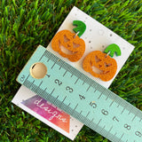 Pumpkin Earrings - Jack O Lantern Earrings - Glitter Orange Acrylic Jack O Lantern Dangles featuring Glitter Green Stem Tops. (Small)