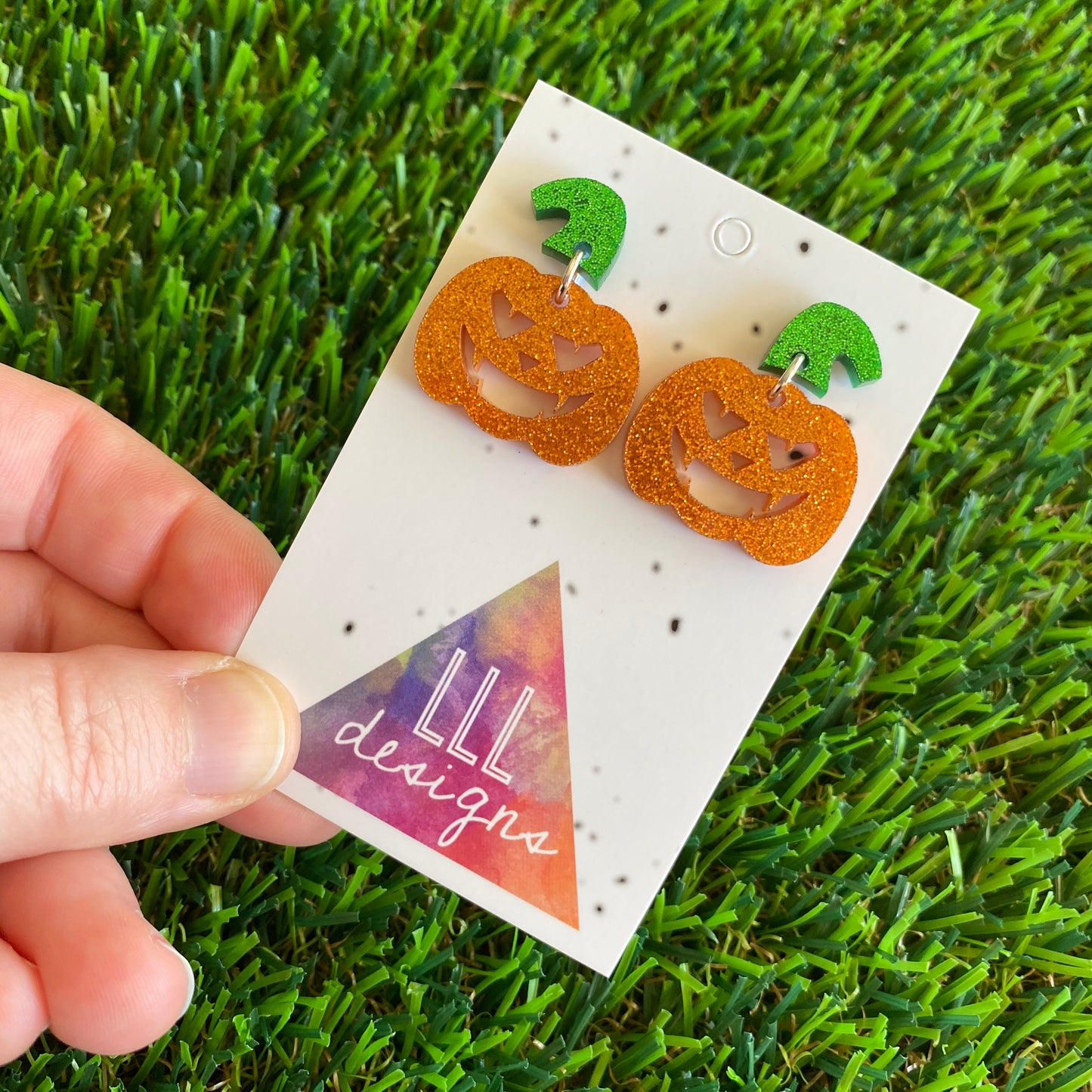 Pumpkin Earrings - Jack O Lantern Earrings - Glitter Orange Acrylic Jack O Lantern Dangles featuring Glitter Green Stem Tops. (Small)
