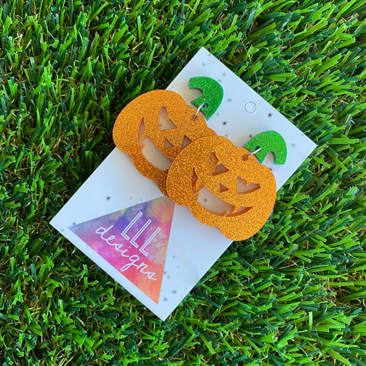 Pumpkin Earrings - Jack O Lantern Earrings - Glitter Orange Acrylic Jack O Lantern Dangles featuring Glitter Green Stem Tops. (Large)