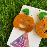 Pumpkin Earrings - Jack O Lantern Earrings - Glitter Orange Acrylic Jack O Lantern Dangles featuring Glitter Green Stem Tops. (Large)