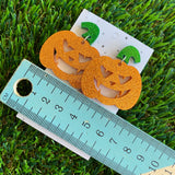 Pumpkin Earrings - Jack O Lantern Earrings - Glitter Orange Acrylic Jack O Lantern Dangles featuring Glitter Green Stem Tops. (Large)