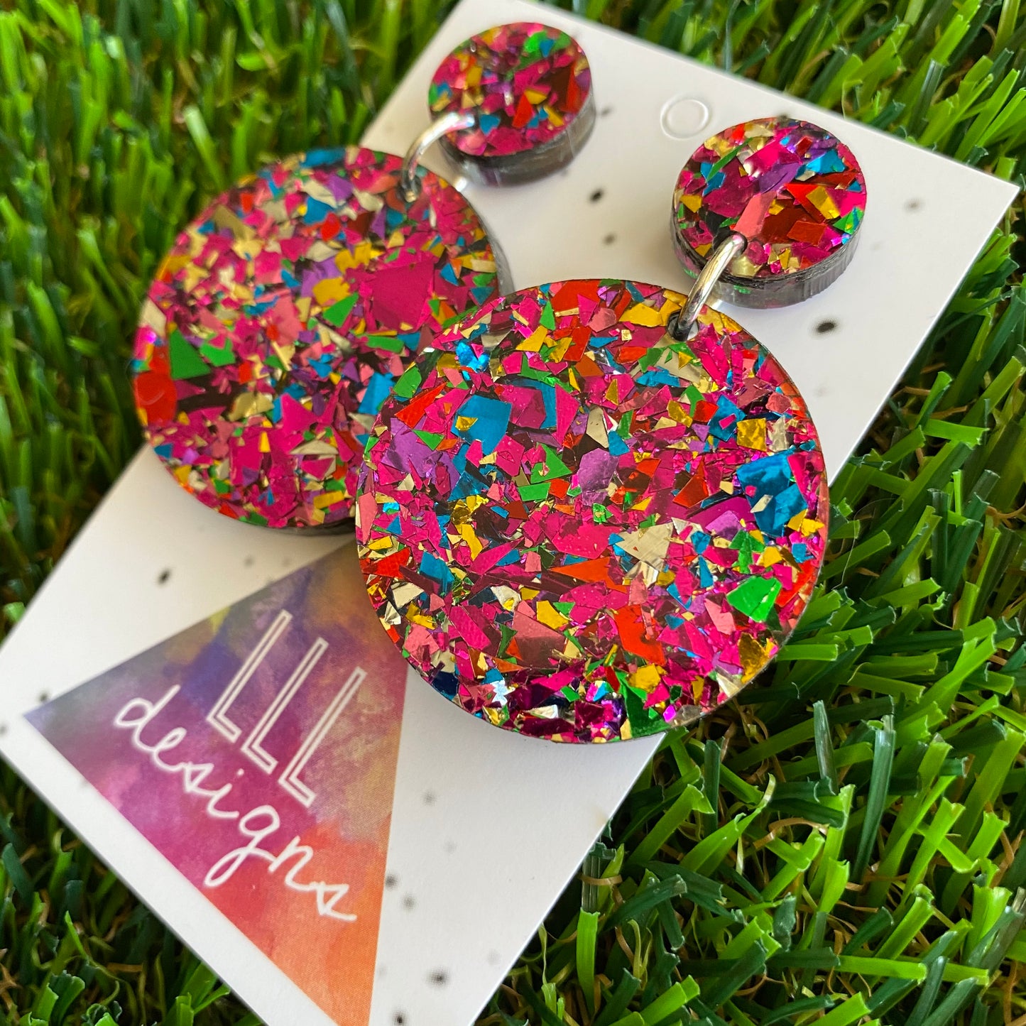 Rainbow Confetti Earrings - Rainbow Tastic Metallic Confetti Circle Dangle Earrings - So much Colour it's sure to Brighten your World!
