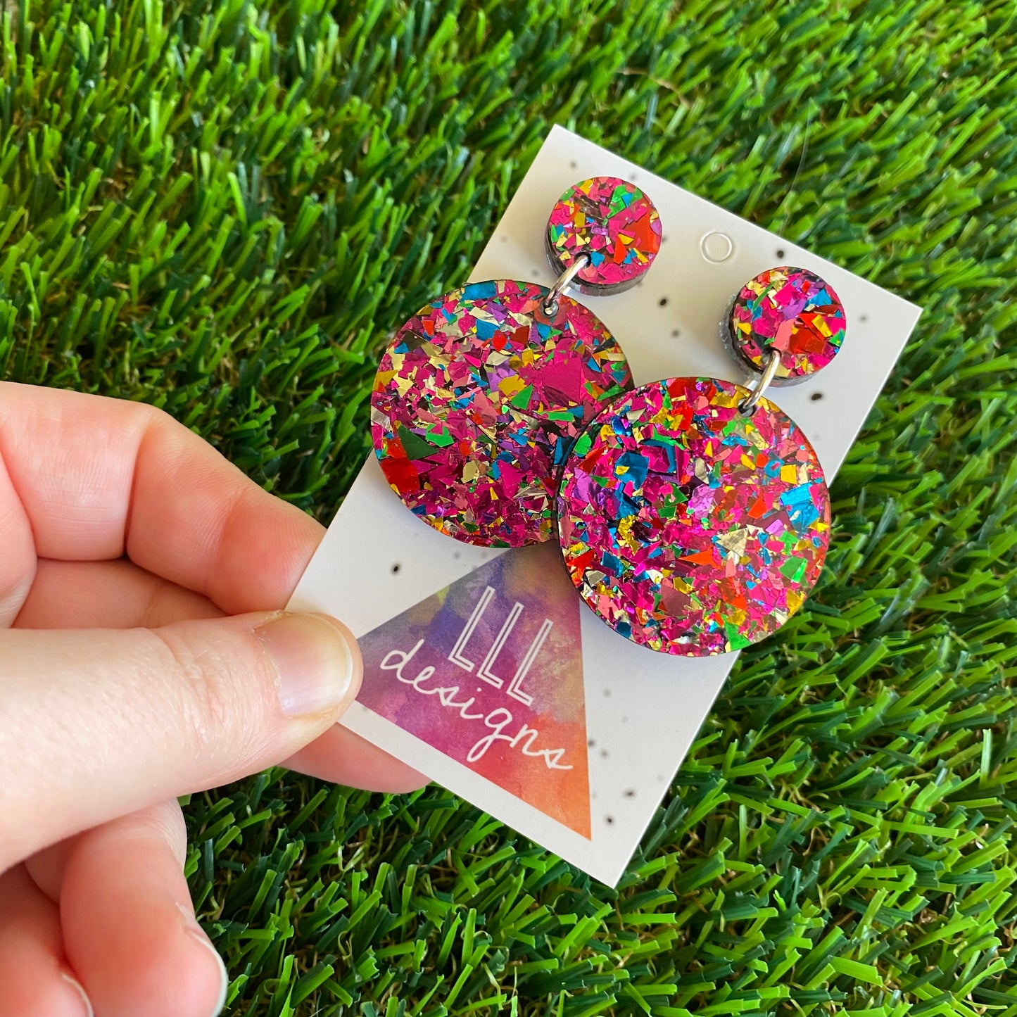 Rainbow Confetti Earrings - Rainbow Tastic Metallic Confetti Circle Dangle Earrings - So much Colour it's sure to Brighten your World!