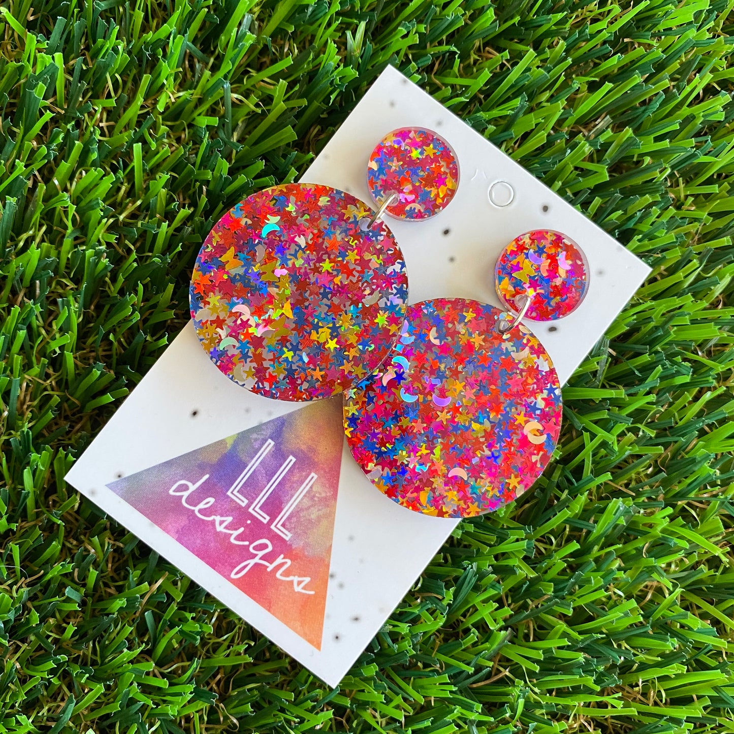 Star and Moon Confetti Earrings - Multi Coloured Star and Moon Confetti Circle Dangle Earrings - A Celestial Dream :)