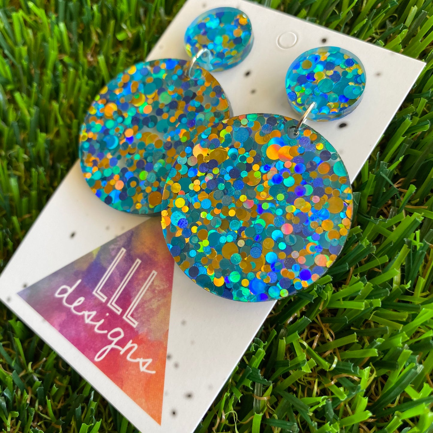Polka Dot Confetti Earrings - Gold Aqua and Blue Metallic Polka Dot Confetti Circle Dangle Earrings - So much shine and sparkle!