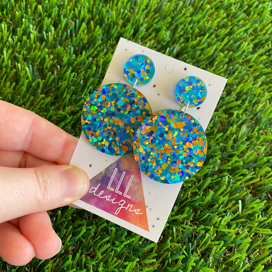 Polka Dot Confetti Earrings - Gold Aqua and Blue Metallic Polka Dot Confetti Circle Dangle Earrings - So much shine and sparkle!