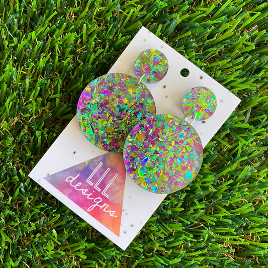 Green and Purple Iridescent Shatter Circle Dangle Earrings - Photos don't do these babes justice!