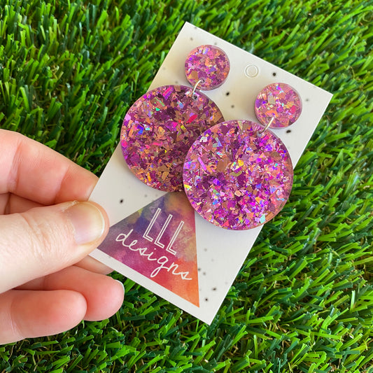 Pink and Purple Iridescent Shatter Circle Dangle Earrings - Photos don't do these babes justice!
