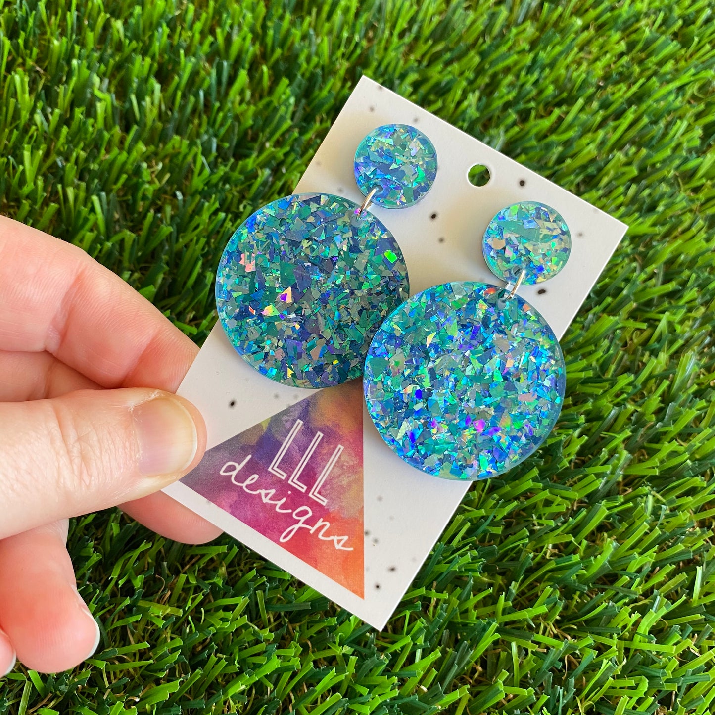Blue and Silver Iridescent Shatter Circle Dangle Earrings - Photos don't do these babes justice!