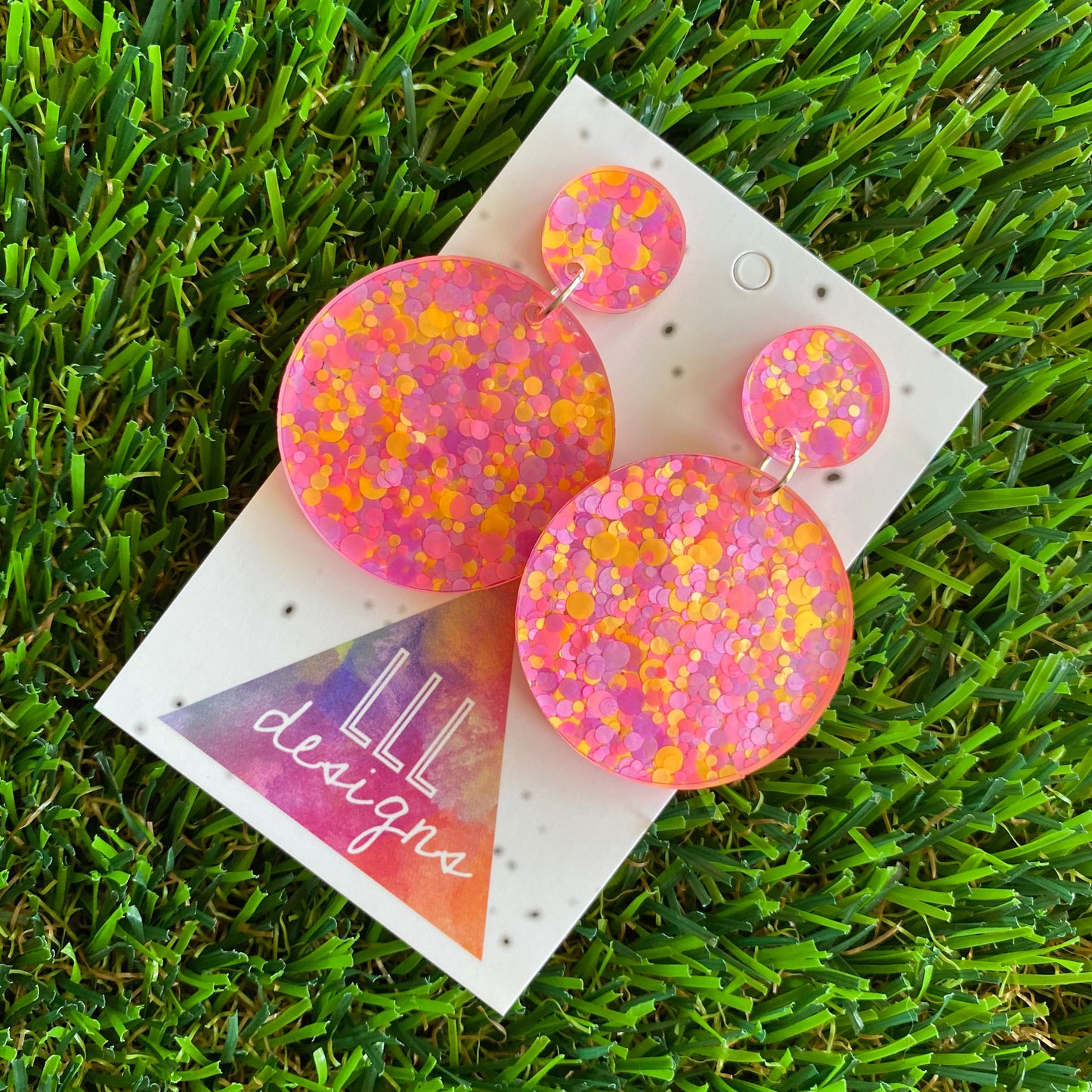 Polka Dot Confetti Earrings - Neon Polka Dot Confetti Circle Dangle Earrings - Featuring Pinks Purples and Pops of Orange!