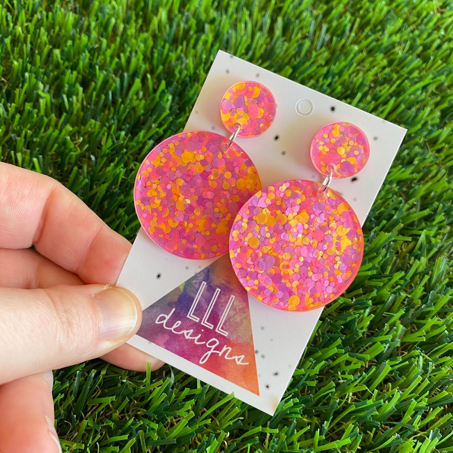 Polka Dot Confetti Earrings - Neon Polka Dot Confetti Circle Dangle Earrings - Featuring Pinks Purples and Pops of Orange!