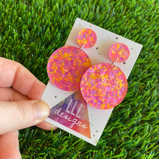 Polka Dot Confetti Earrings - Neon Polka Dot Confetti Circle Dangle Earrings - Featuring Pinks Purples and Pops of Orange!