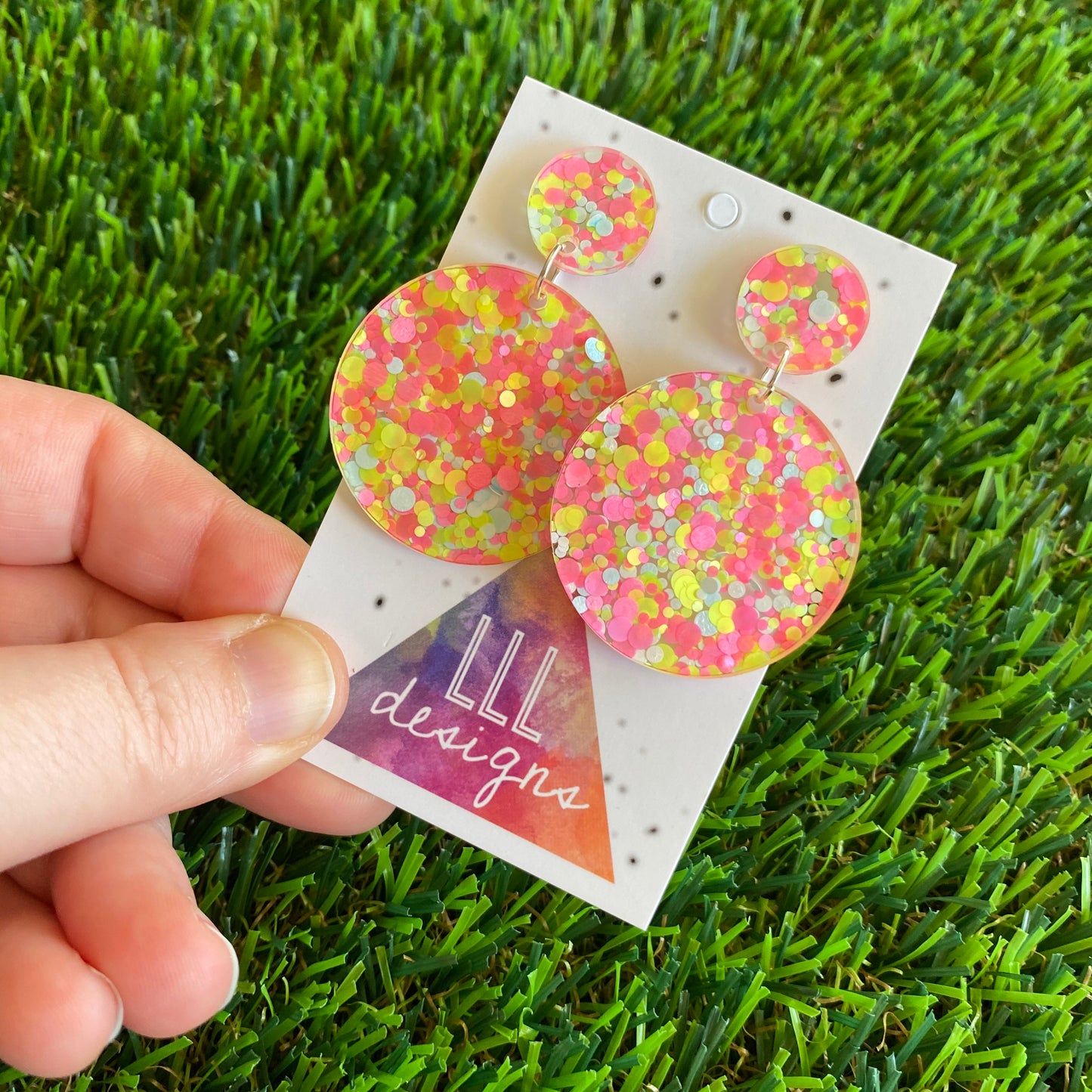 Polka Dot Confetti Earrings - Pastel Polka Dot Confetti Circle Dangle Earrings - Featuring Pinks Whites and Pops of Yellow!