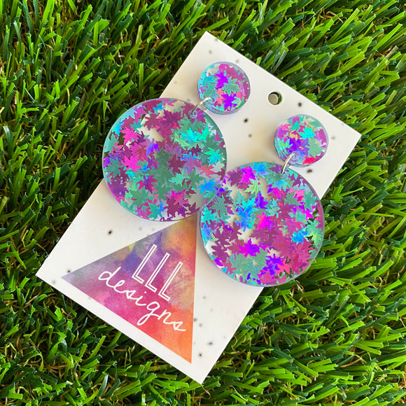 Leaf Confetti Earrings - Metallic Aqua and Purple Leaf Confetti Circle Dangle Earrings - The Iridescent Shine of the Confetti makes this these babes so special.