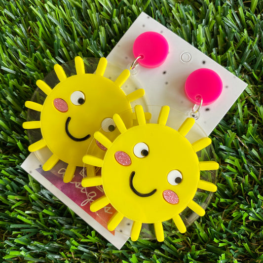 Sun Earrings - Bright Yellow Happy Sunshine Statement Dangle Earrings - Layered Acrylic Earrings.