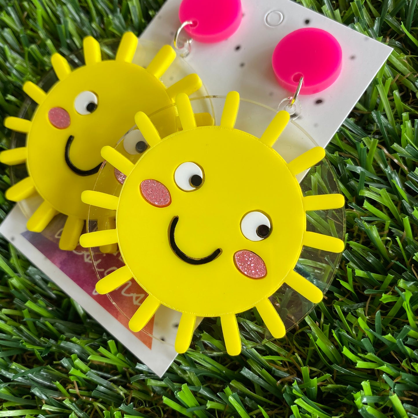 Sun Earrings - Bright Yellow Happy Sunshine Statement Dangle Earrings - Layered Acrylic Earrings.