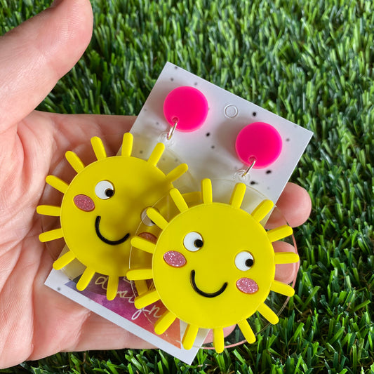 Sun Earrings - Bright Yellow Happy Sunshine Statement Dangle Earrings - Layered Acrylic Earrings.