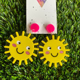 Sun Earrings - Bright Yellow Happy Sunshine Statement Dangle Earrings - Layered Acrylic Earrings.