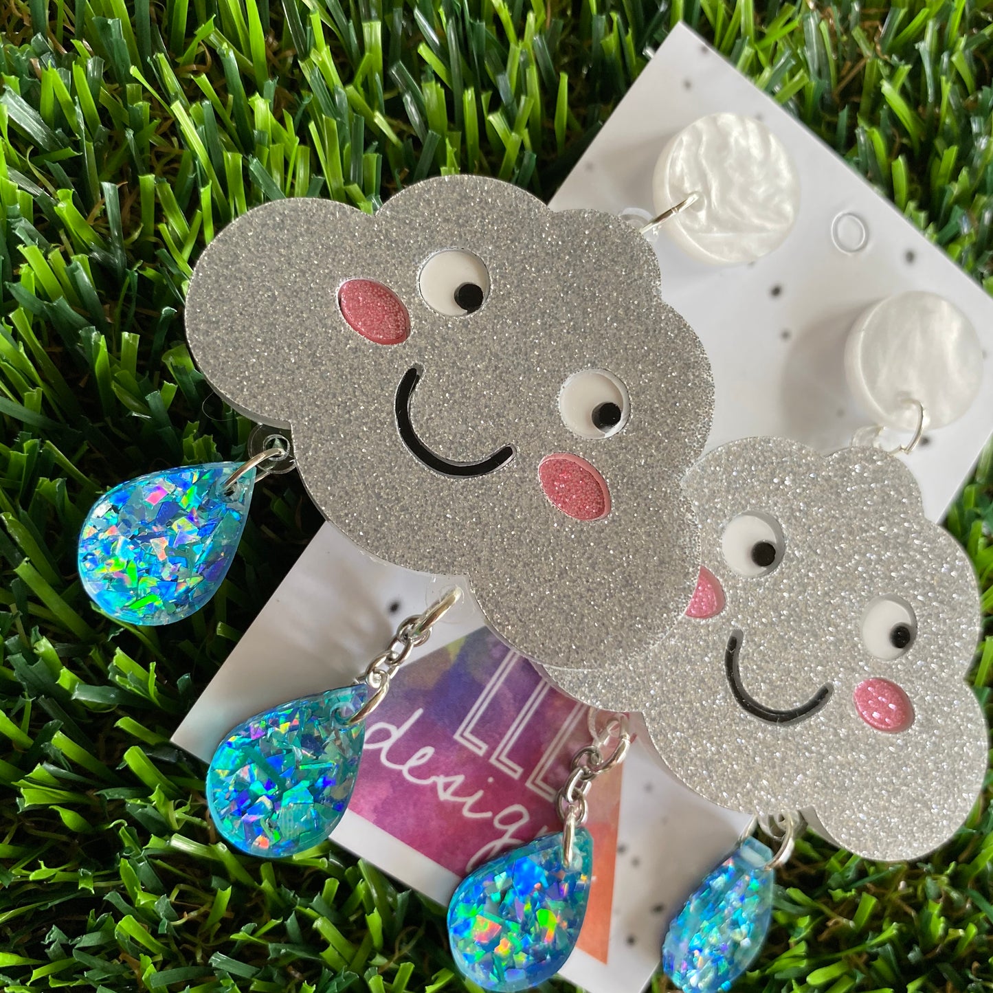 Cloud Earrings - Silver Glitter Happy Rain Cloud Statement Dangle Earrings - Featuring Iridescent Blue Rain Drops that hang from below.