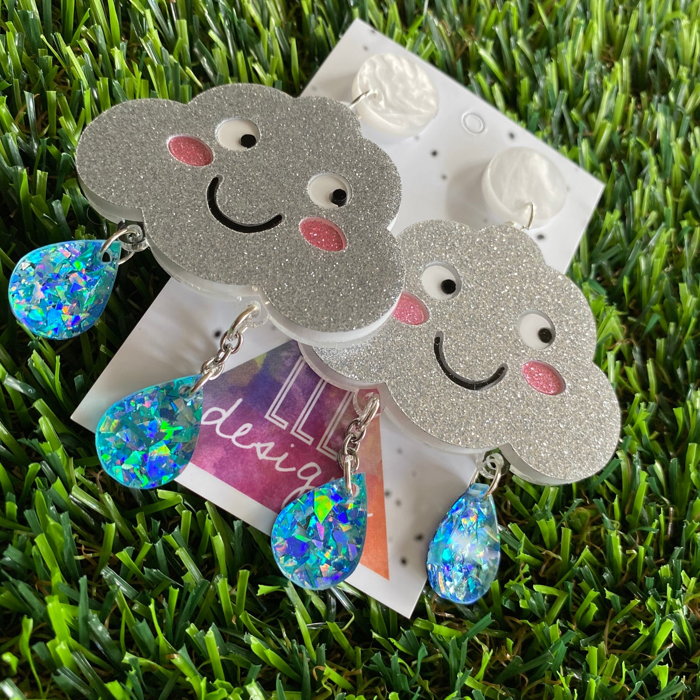 Cloud Earrings - Silver Glitter Happy Rain Cloud Statement Dangle Earrings - Featuring Iridescent Blue Rain Drops that hang from below.
