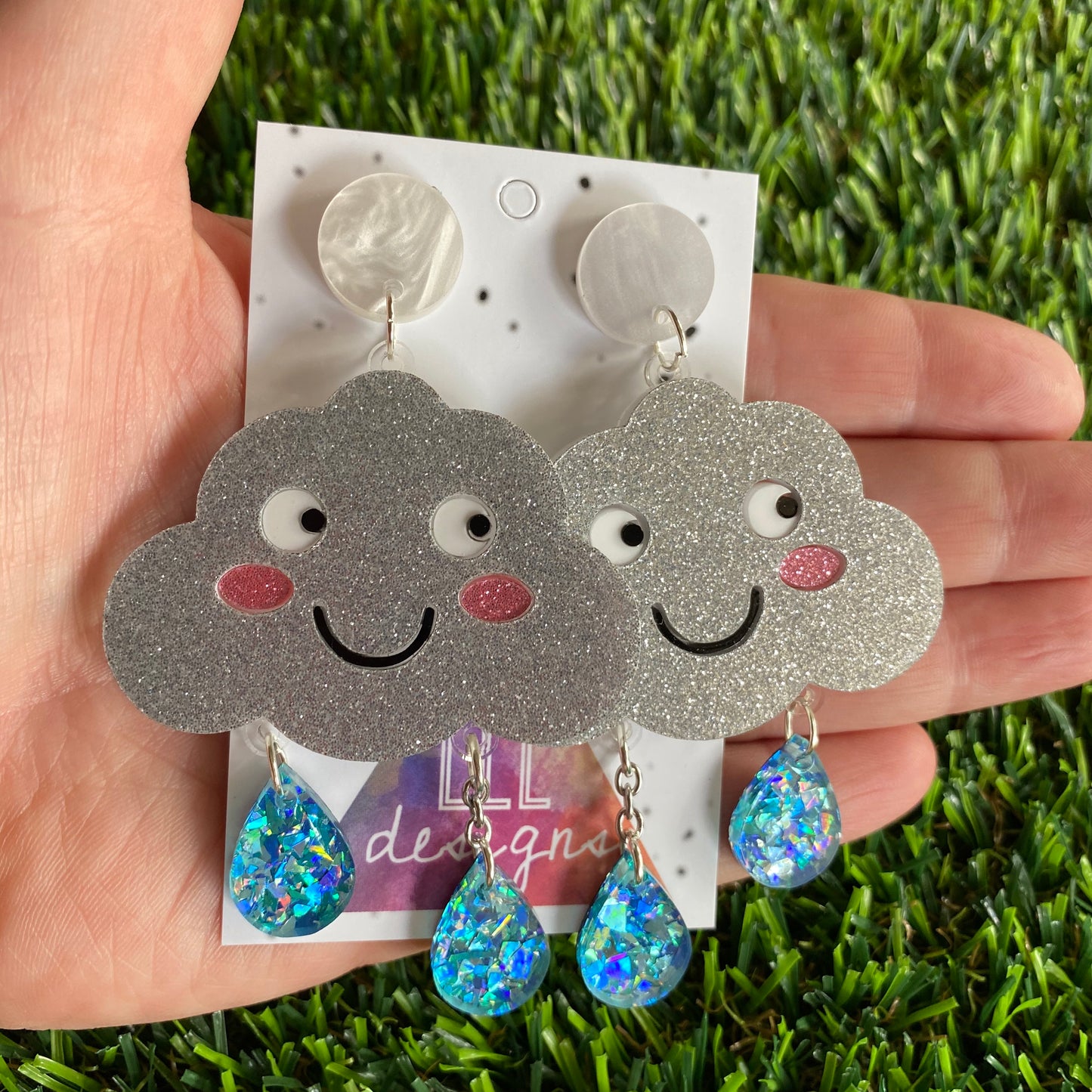 Cloud Earrings - Silver Glitter Happy Rain Cloud Statement Dangle Earrings - Featuring Iridescent Blue Rain Drops that hang from below.