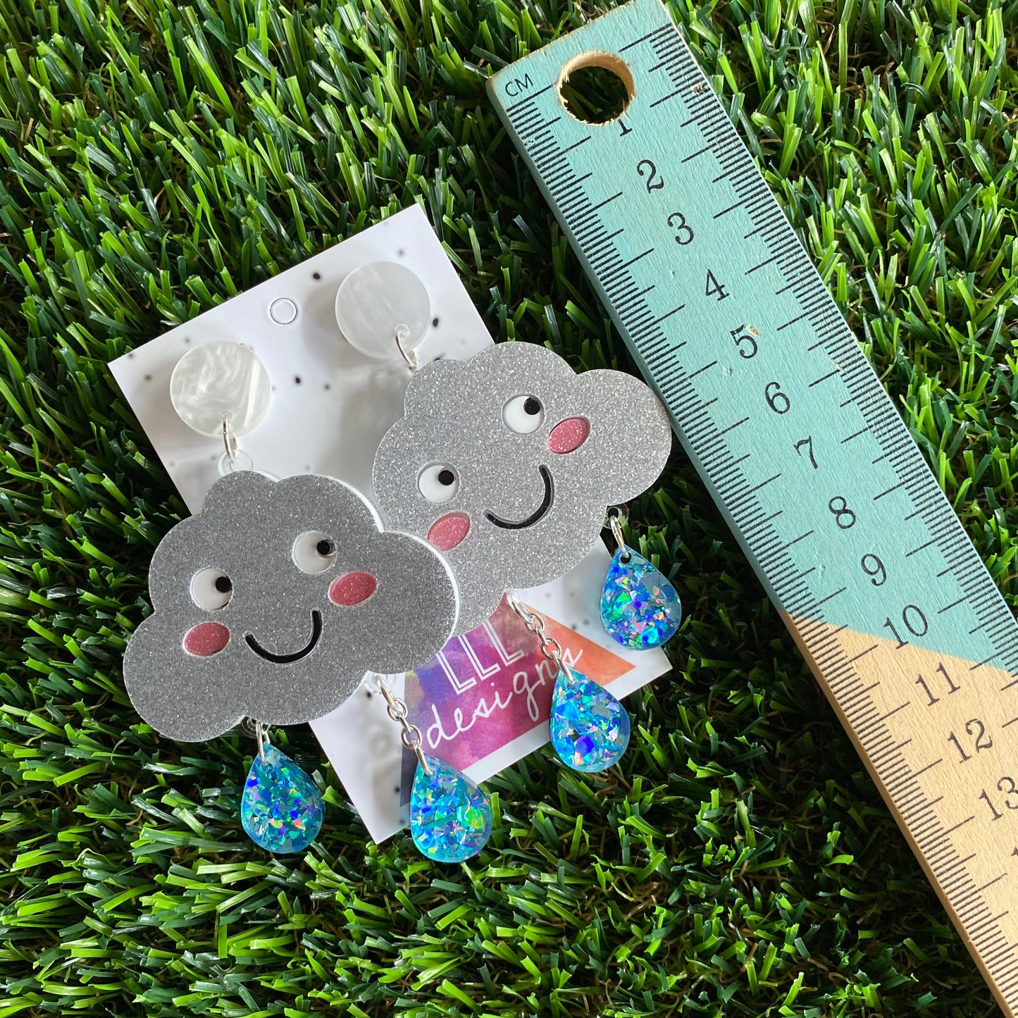 Cloud Earrings - Silver Glitter Happy Rain Cloud Statement Dangle Earrings - Featuring Iridescent Blue Rain Drops that hang from below.