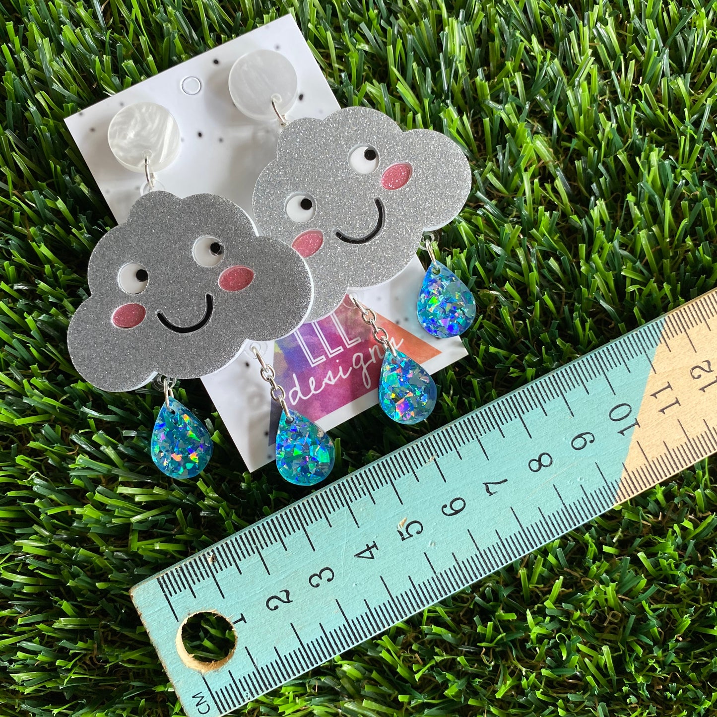 Cloud Earrings - Silver Glitter Happy Rain Cloud Statement Dangle Earrings - Featuring Iridescent Blue Rain Drops that hang from below.