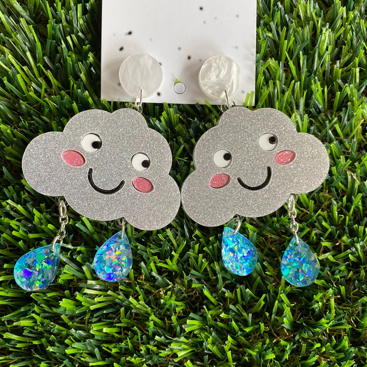 Cloud Earrings - Silver Glitter Happy Rain Cloud Statement Dangle Earrings - Featuring Iridescent Blue Rain Drops that hang from below.