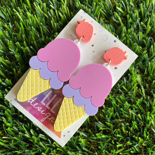 Ice Cream Earrings - Matte Pastel Layered Ice Cream Statement Dangle Earrings - Featuring an Adorable Etched Strawberry Top.