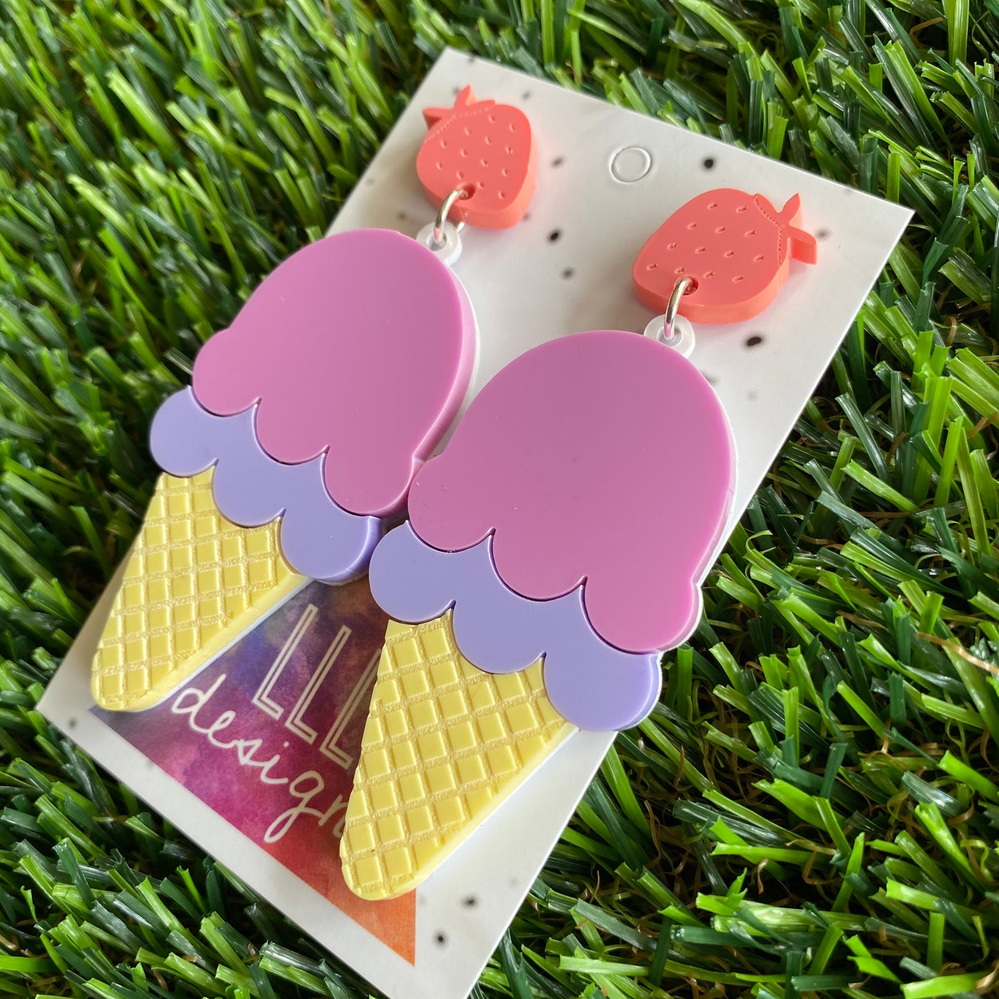 Ice Cream Earrings - Matte Pastel Layered Ice Cream Statement Dangle Earrings - Featuring an Adorable Etched Strawberry Top.