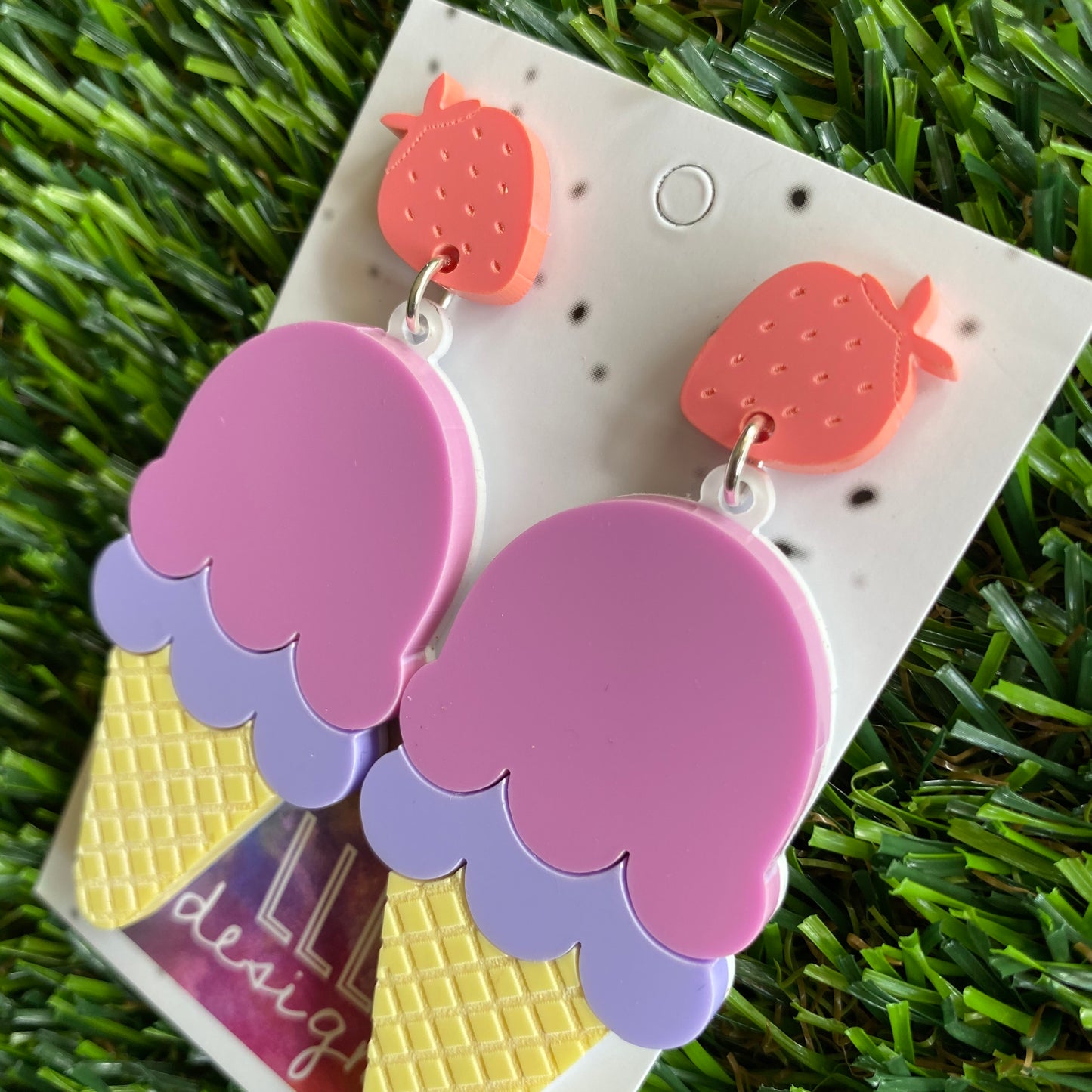 Ice Cream Earrings - Matte Pastel Layered Ice Cream Statement Dangle Earrings - Featuring an Adorable Etched Strawberry Top.