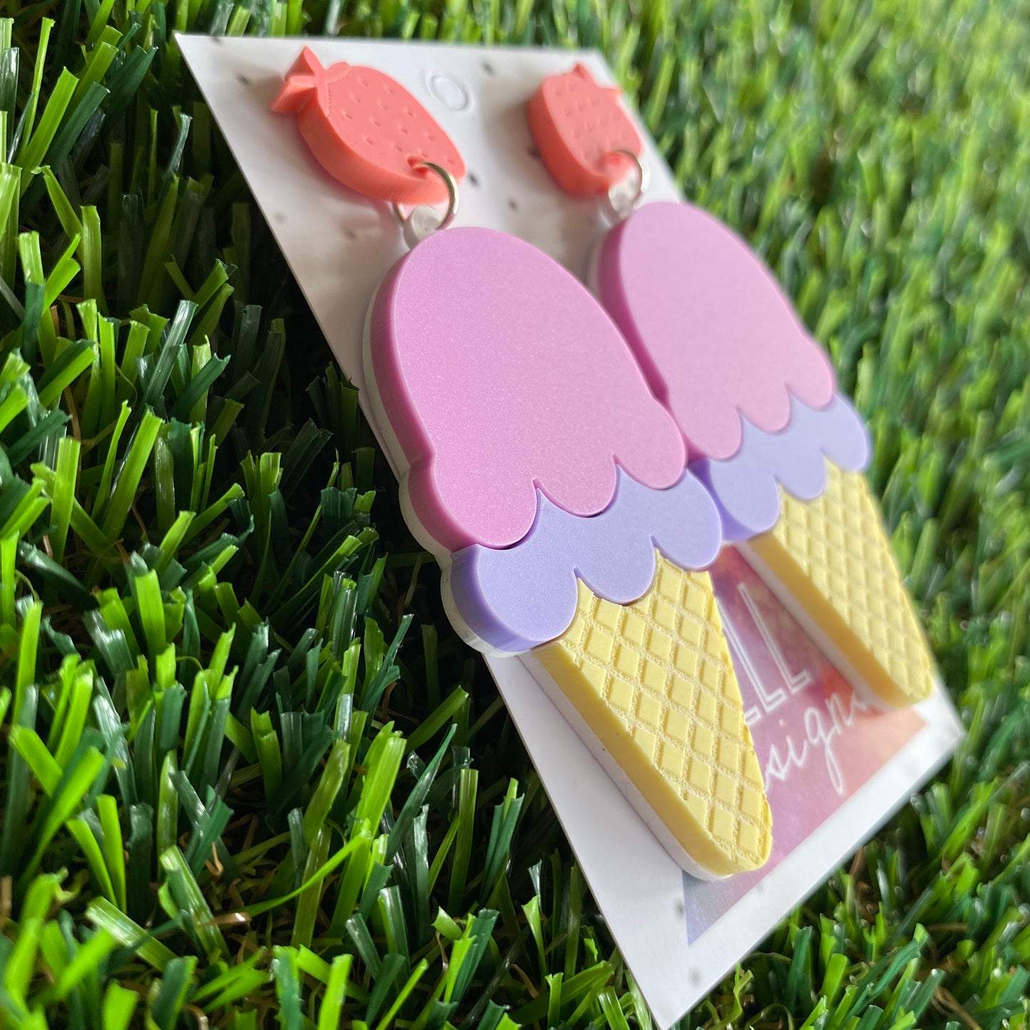 Ice Cream Earrings - Matte Pastel Layered Ice Cream Statement Dangle Earrings - Featuring an Adorable Etched Strawberry Top.