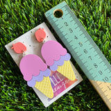 Ice Cream Earrings - Matte Pastel Layered Ice Cream Statement Dangle Earrings - Featuring an Adorable Etched Strawberry Top.