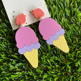 Ice Cream Earrings - Matte Pastel Layered Ice Cream Statement Dangle Earrings - Featuring an Adorable Etched Strawberry Top.