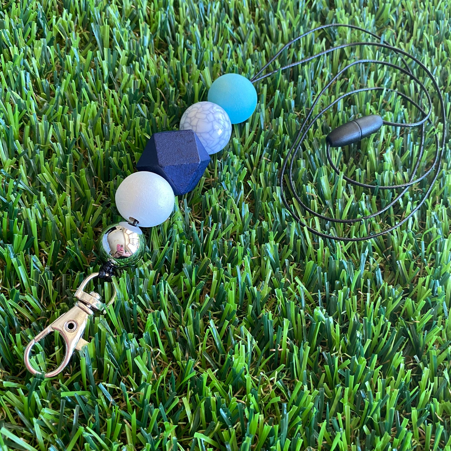 Lanyard - ID Holder - Designer Lanyard, featuring Navy, White, Blue and Silver Tones. Style E