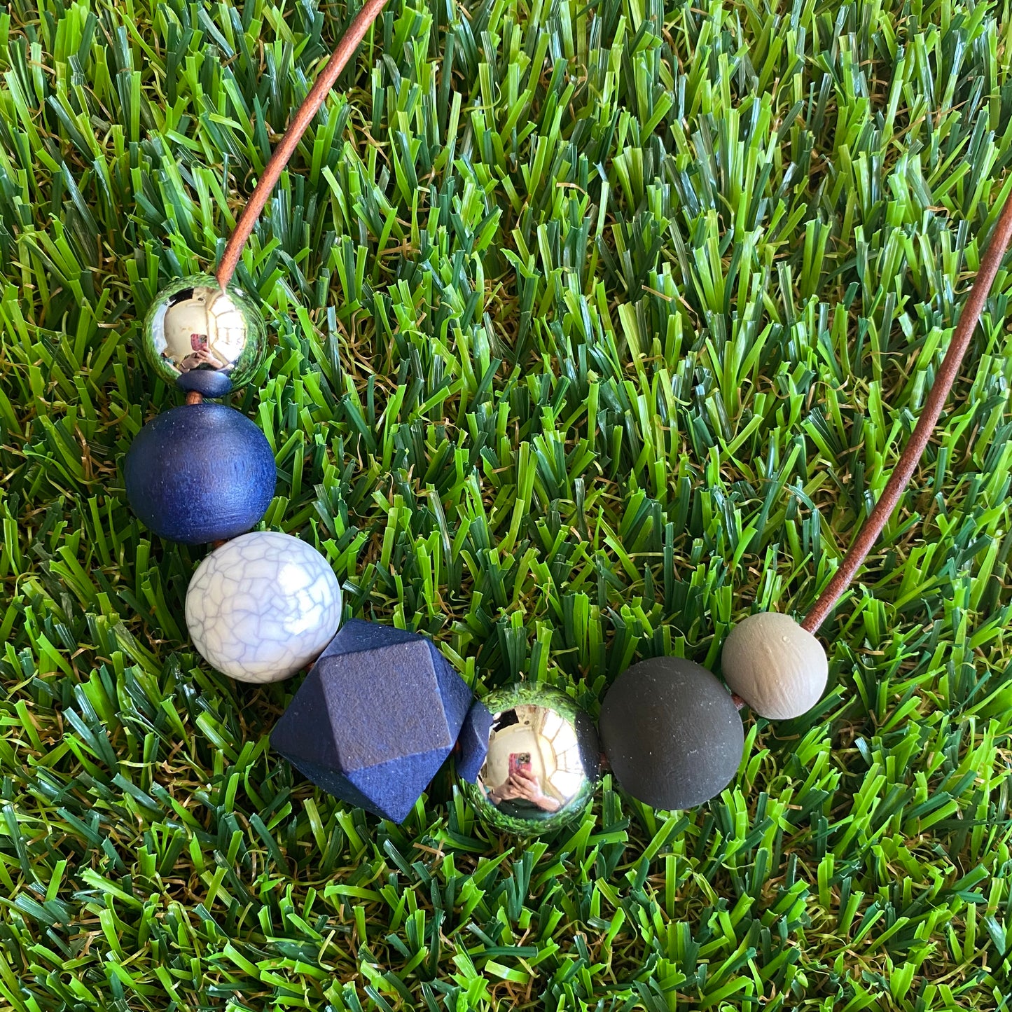 Leather Beaded Necklace - Handmade Lightweight Designer Necklace Made with Adjustable Sliding Knots - Featuring Navy, Silver, Black and Marble Accents.