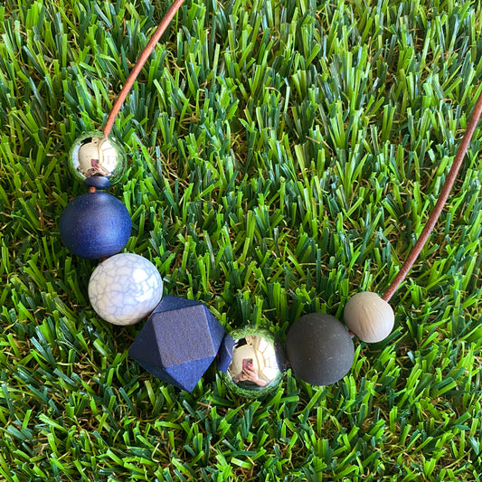 Leather Beaded Necklace - Handmade Lightweight Designer Necklace Made with Adjustable Sliding Knots - Featuring Navy, Silver, Black and Marble Accents.