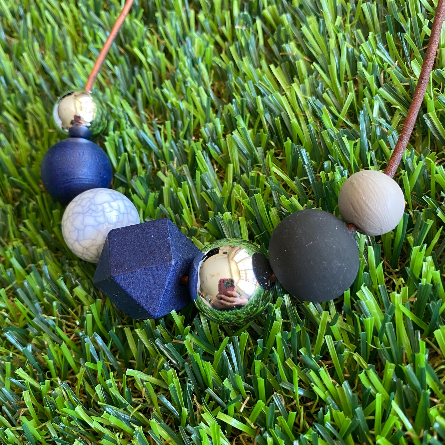 Leather Beaded Necklace - Handmade Lightweight Designer Necklace Made with Adjustable Sliding Knots - Featuring Navy, Silver, Black and Marble Accents.