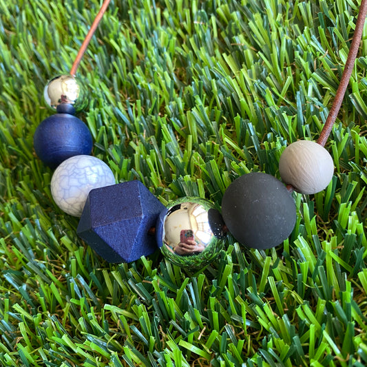 Leather Beaded Necklace - Handmade Lightweight Designer Necklace Made with Adjustable Sliding Knots - Featuring Navy, Silver, Black and Marble Accents.