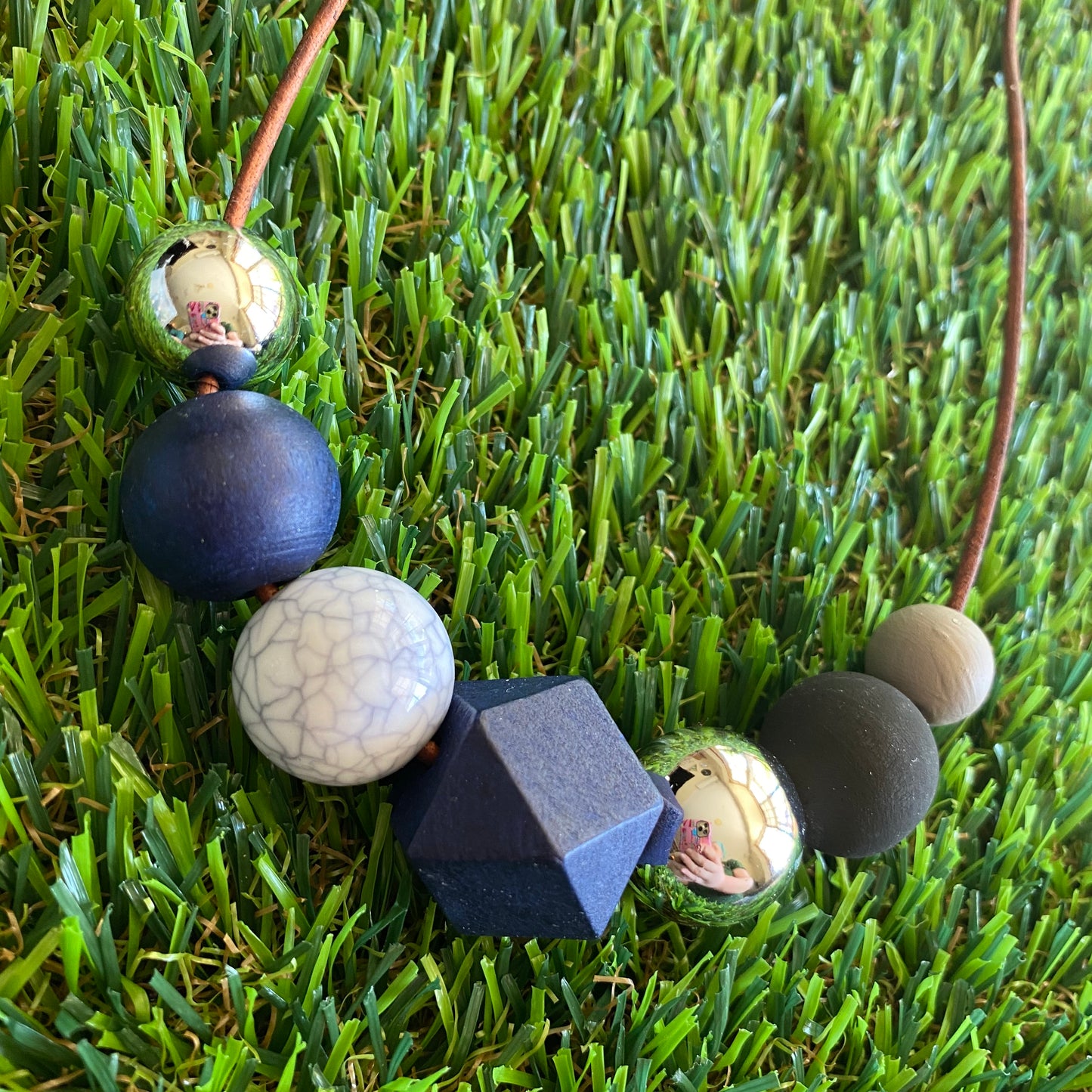 Leather Beaded Necklace - Handmade Lightweight Designer Necklace Made with Adjustable Sliding Knots - Featuring Navy, Silver, Black and Marble Accents.