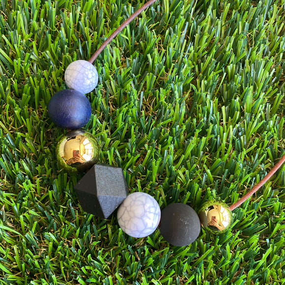 Leather Beaded Necklace - Handmade Lightweight Designer Necklace Made with Adjustable Sliding Knots - Featuring Black, Navy, Gold and Marble Accents.