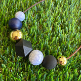 Leather Beaded Necklace - Handmade Lightweight Designer Necklace Made with Adjustable Sliding Knots - Featuring Black, Navy, Gold and Marble Accents.