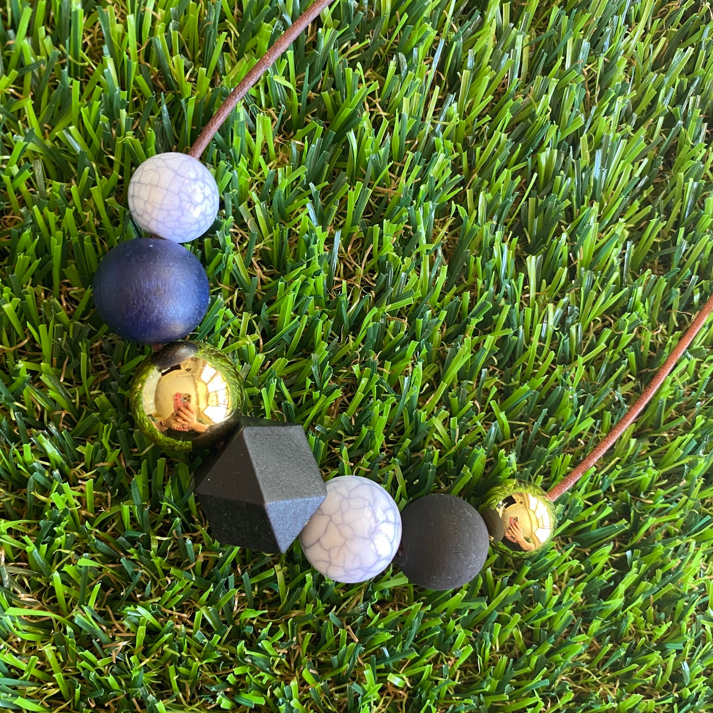 Leather Beaded Necklace - Handmade Lightweight Designer Necklace Made with Adjustable Sliding Knots - Featuring Black, Navy, Gold and Marble Accents.