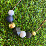 Leather Beaded Necklace - Handmade Lightweight Designer Necklace Made with Adjustable Sliding Knots - Featuring Black, Navy, Gold and Marble Accents.