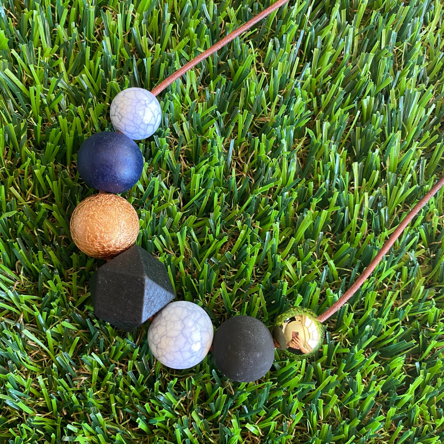Leather Beaded Necklace - Handmade Lightweight Designer Necklace Made with Adjustable Sliding Knots - Featuring Black, Crackle Gold, Navy and Marble Accents.