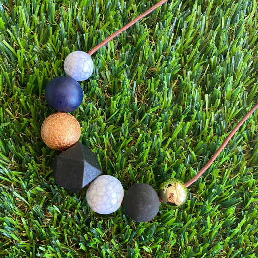 Leather Beaded Necklace - Handmade Lightweight Designer Necklace Made with Adjustable Sliding Knots - Featuring Black, Crackle Gold, Navy and Marble Accents.