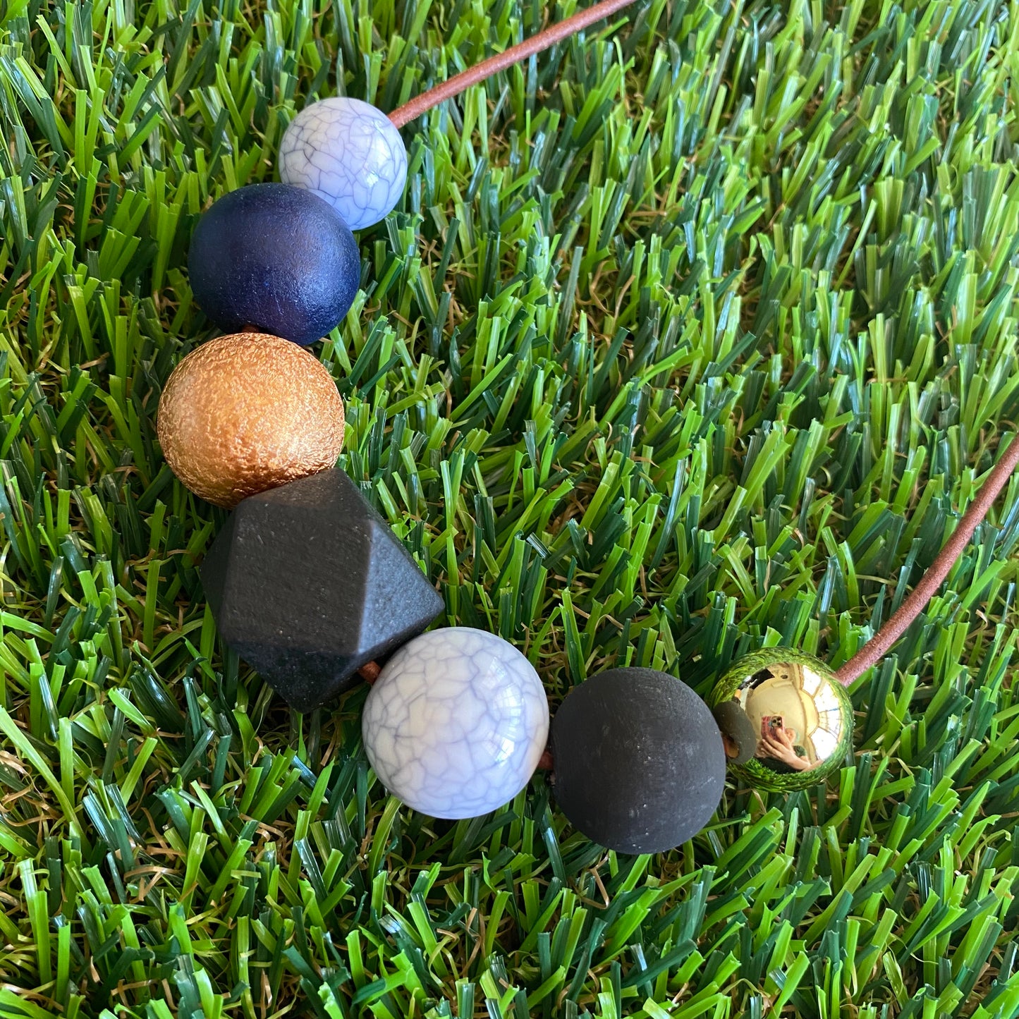 Leather Beaded Necklace - Handmade Lightweight Designer Necklace Made with Adjustable Sliding Knots - Featuring Black, Crackle Gold, Navy and Marble Accents.